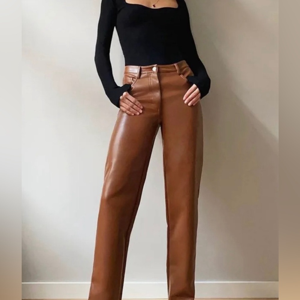 Aritzia Straight-Leg Faux Leather Jeans in Brown